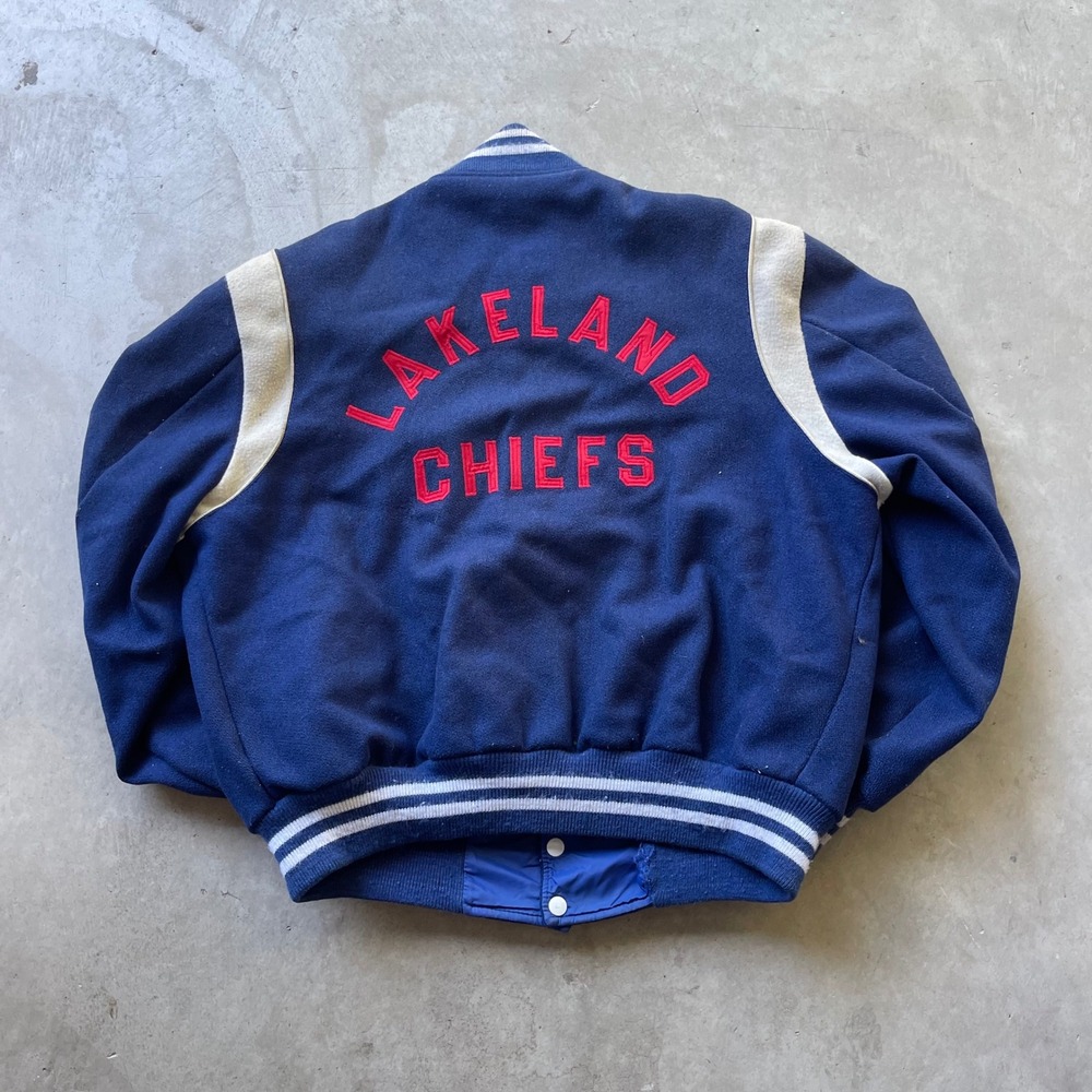 Vintage Lakeland Chiefs Varsity Jacket Navy Blue Wool Chain Stitch Delores 88